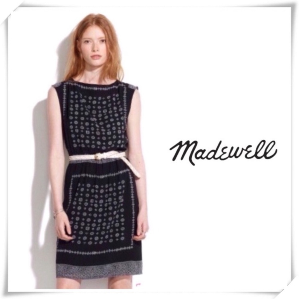 Madewell Women’s Handkerchief Bandana Print Dress Black White Boatneck S…